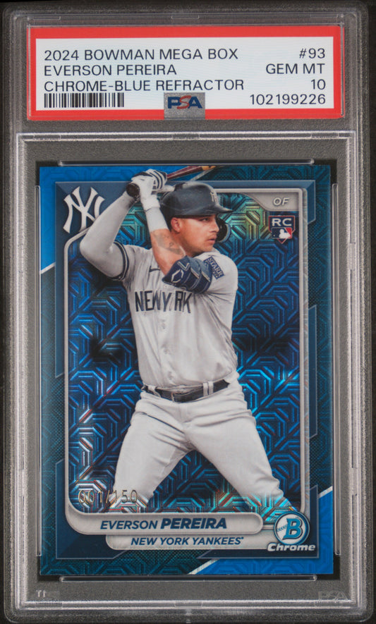 #93 Everson Pereira 2024 Bowman SN #/150 10 Yankees Chrome Blue Mojo Refractors