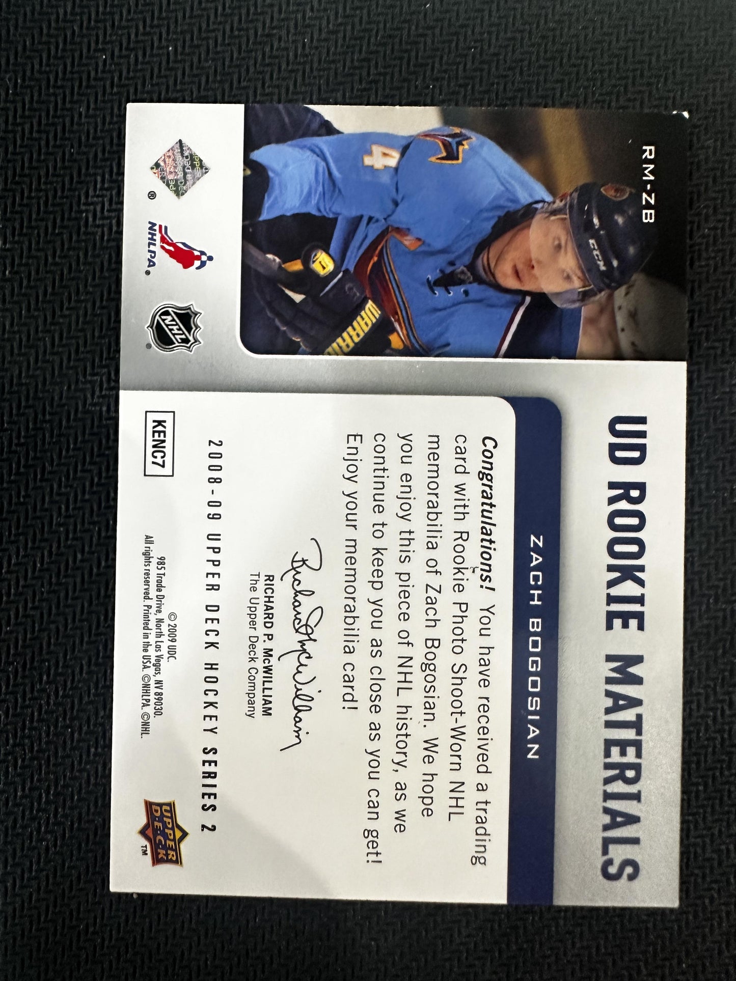 #RM-ZB Zach Bogosian 2008-09 Upper Deck MEM Atlanta Thrashers Rookie Materials