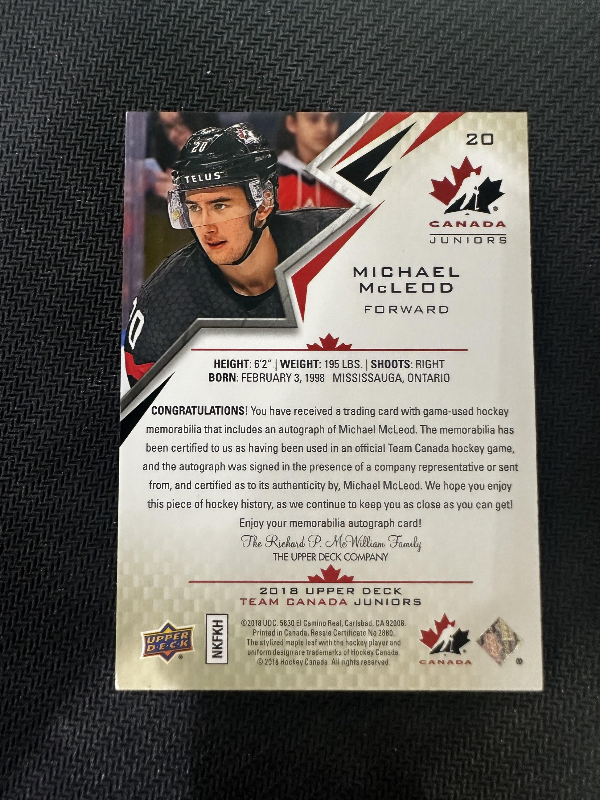#20 Michael McLeod 2018 Upper Deck Team Canada Juniors /125 Premium Swatch Auto