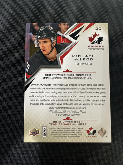 #20 Michael McLeod 2018 Upper Deck Team Canada Juniors /125 Premium Swatch Auto