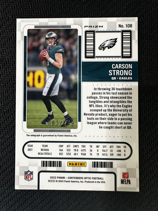 #108 Carson Strong 2022 Panini Contenders Optic Auto /149 Eagles Red