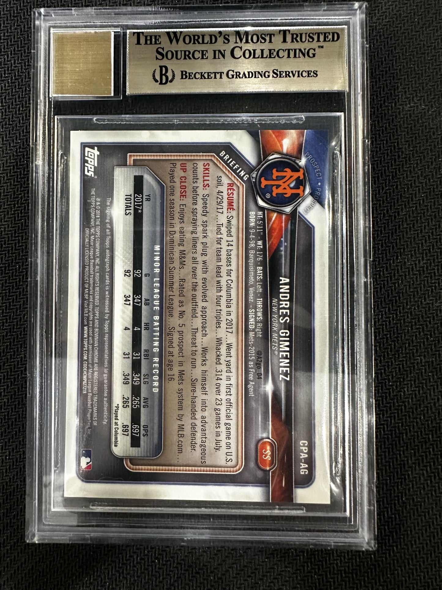 #CPA-AG Andres Gimenez 2018 Bowman AU Auto 9.5 Mets Chrome Prospect Auto