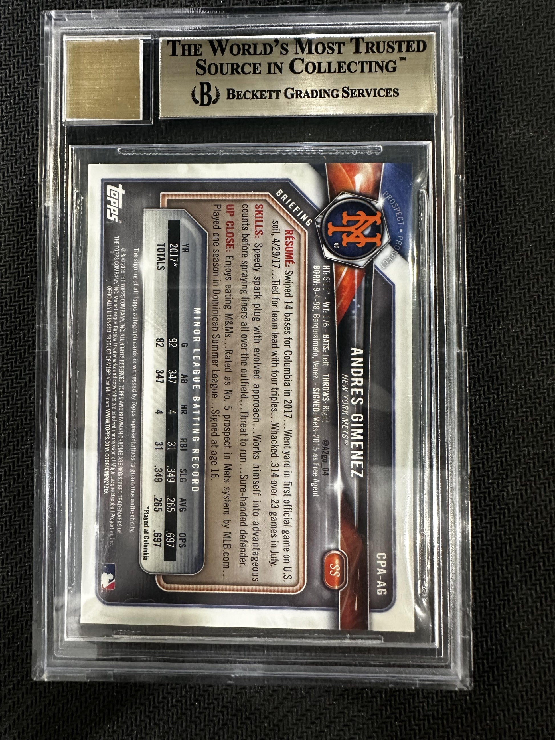 #CPA-AG Andres Gimenez 2018 Bowman AU Auto 9.5 Mets Chrome Prospect Auto