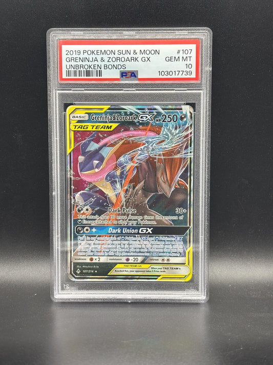 #107/214 Greninja & Zoroark GX PSA 10