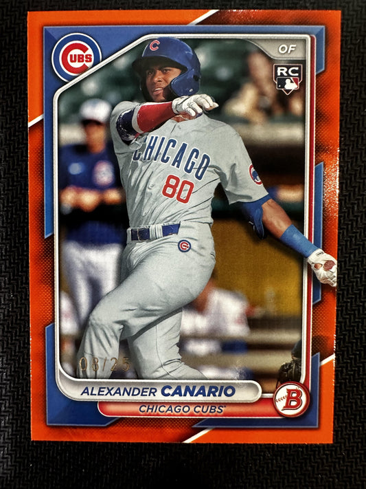 #21 Alexander Canario 2024 Bowman SN #/25 Chicago Cubs sports Orange
