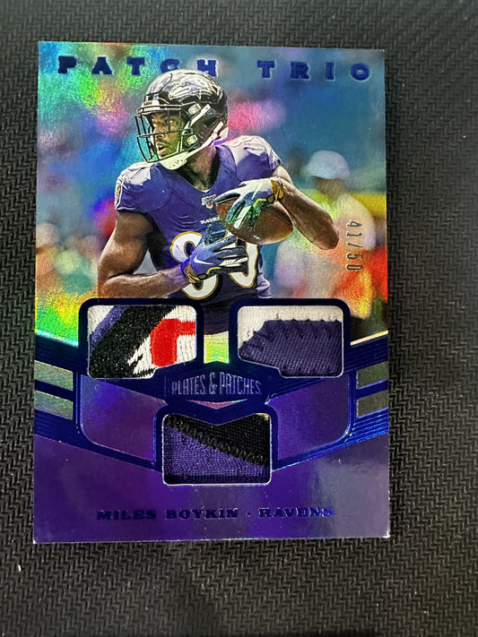 #PT-MBO Miles Boykin 2019 Panini Plates & Patches /50 Ravens Patch Trio Blue