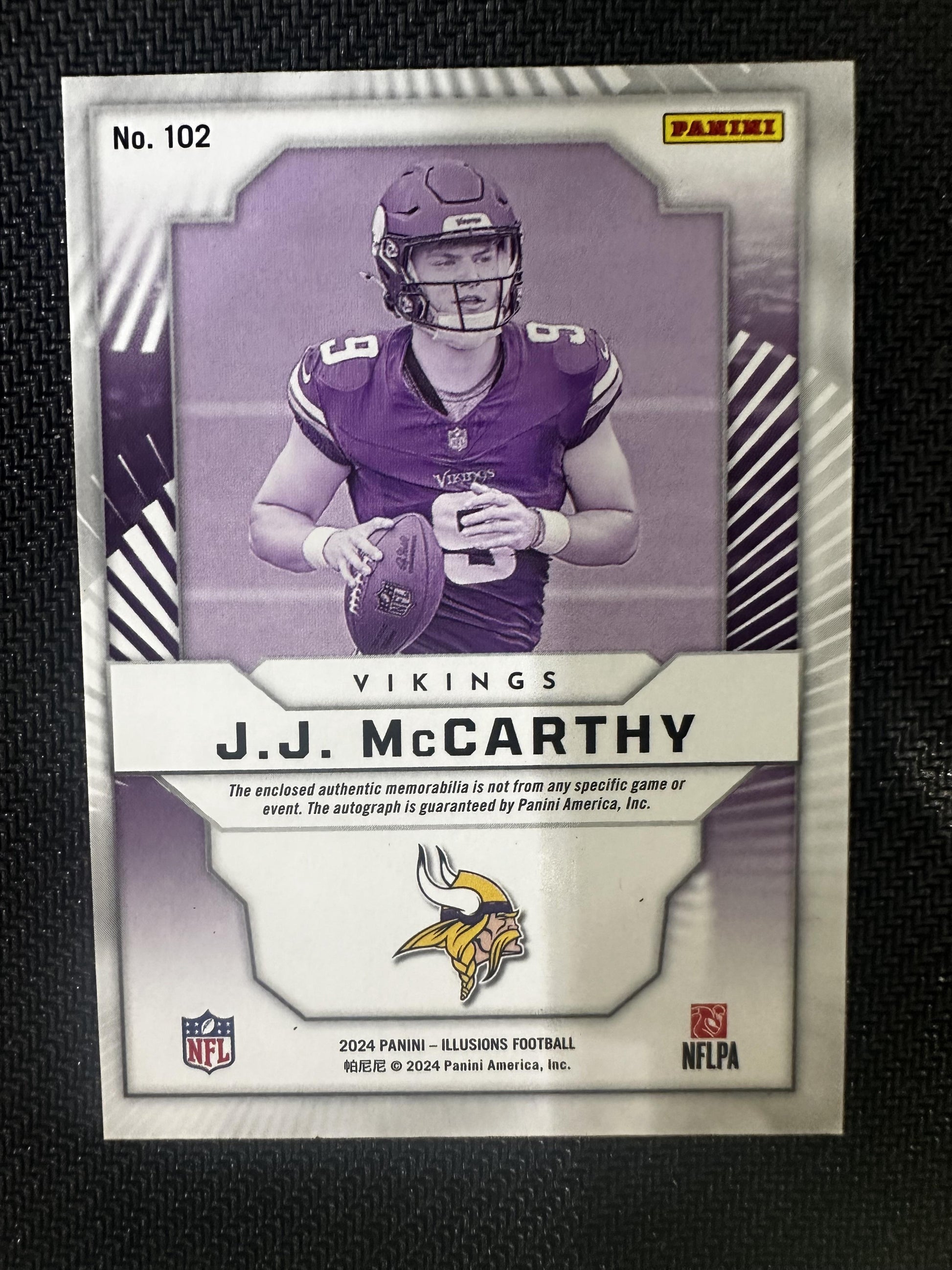 #102 J.J. McCarthy 2024 Panini Illusions First Impressions Patch Auto /49