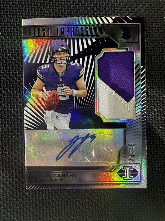 #102 J.J. McCarthy 2024 Panini Illusions First Impressions Patch Auto /49