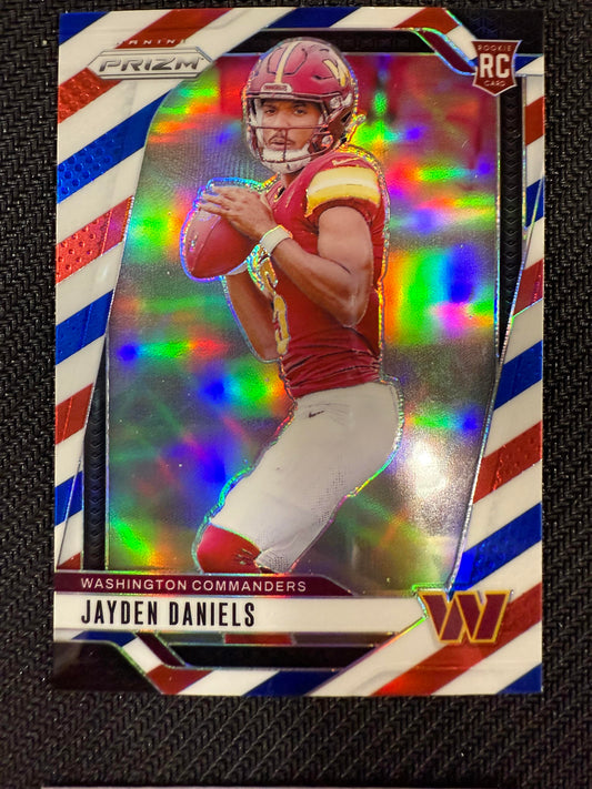 #347 Jayden Daniels 2024 Panini Prizm RC Rookie Commanders Red White and Blue