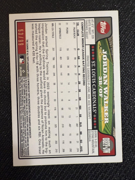 #08FF-JW Jordan Walker 2023 Topps Archives /99 Fan Favorites Auto Green