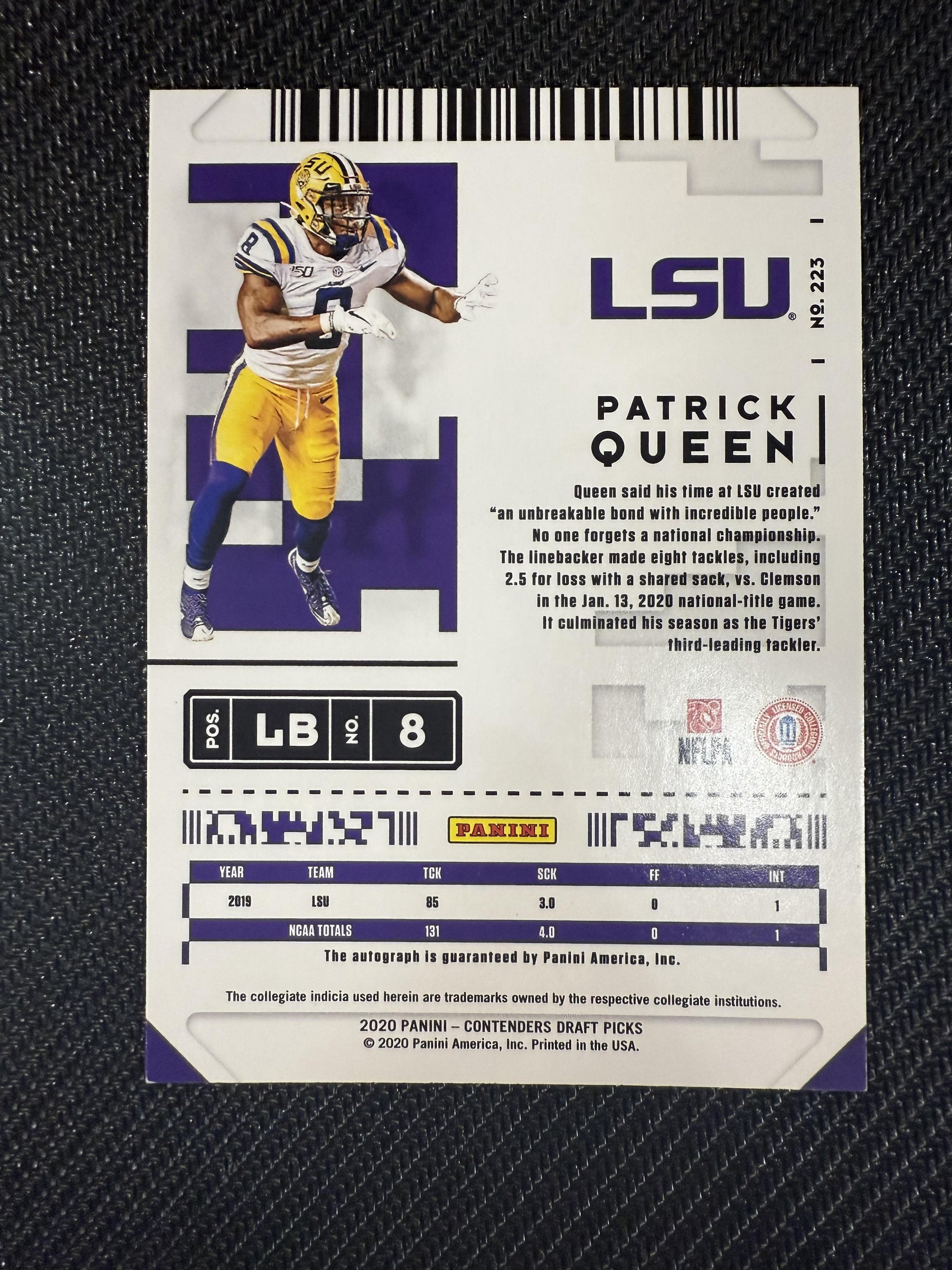 #223 Patrick Queen 2020 Panini Contenders Draft Picks Auto /15 Tigers Diamond