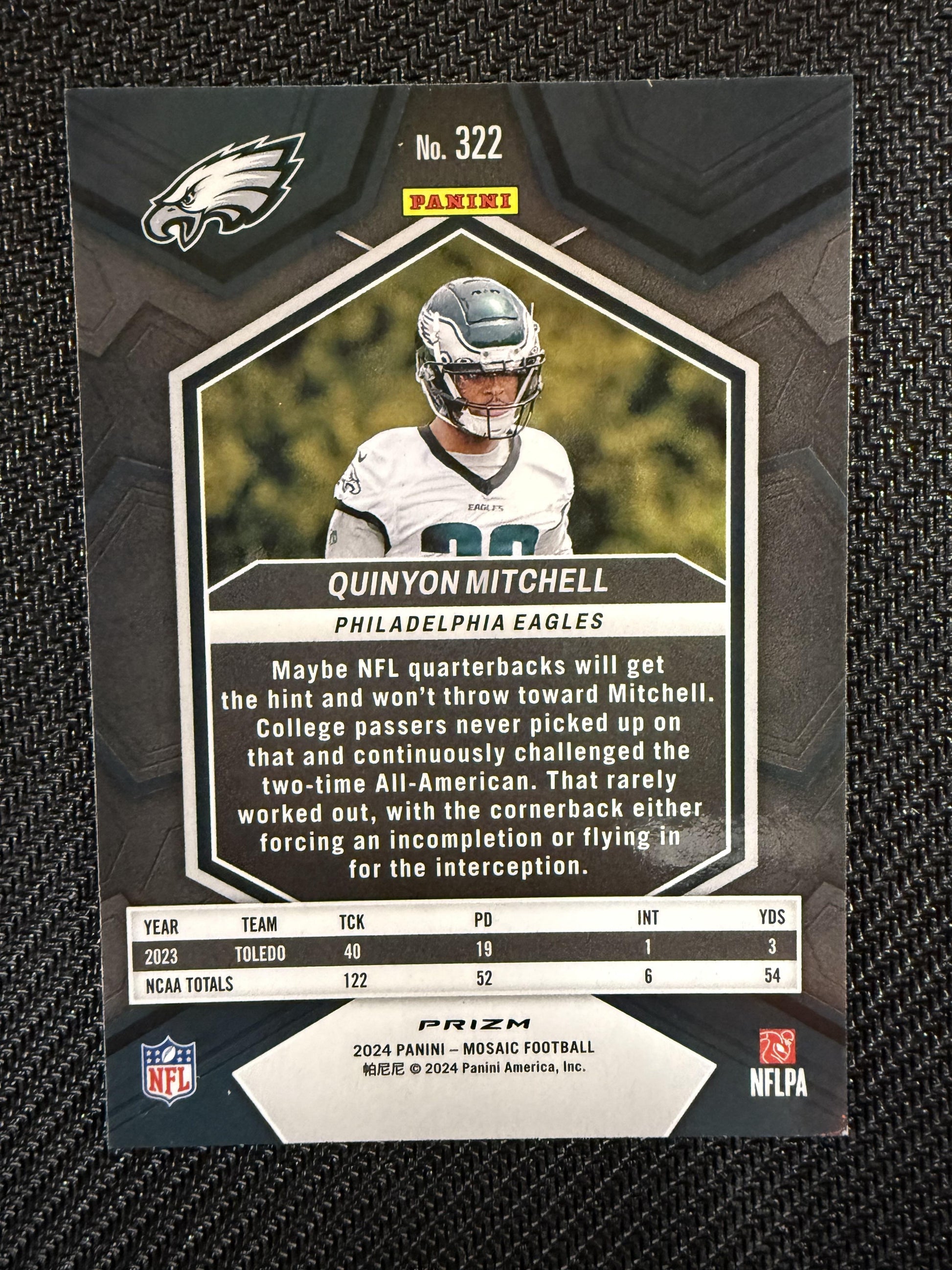 #322 Quinyon Mitchell 2024 Panini Mosaic Philadelphia Eagles sports Honeycomb
