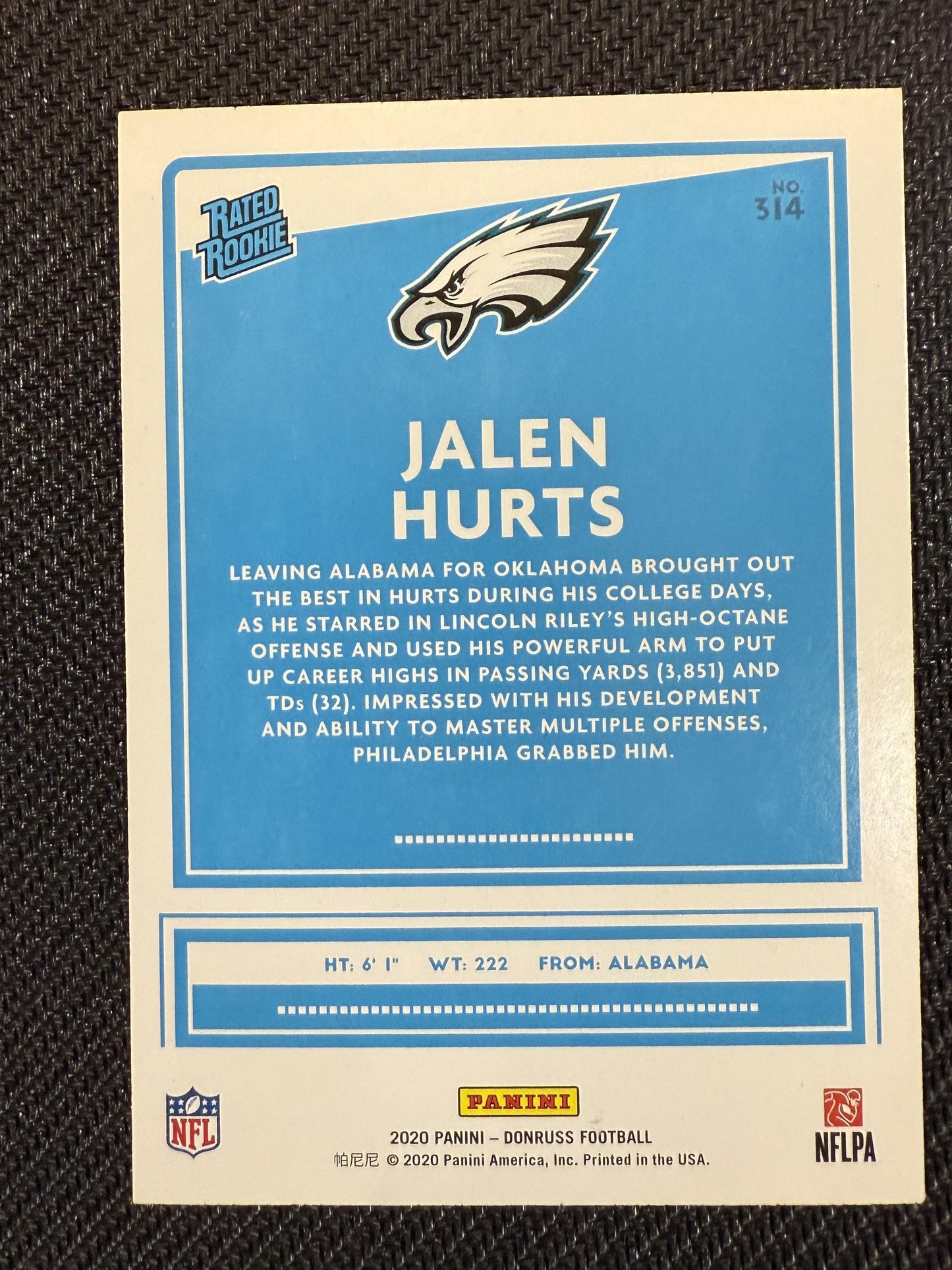 #314 Jalen Hurts 2020 Donruss RC Rookie Philadelphia Eagles sports
