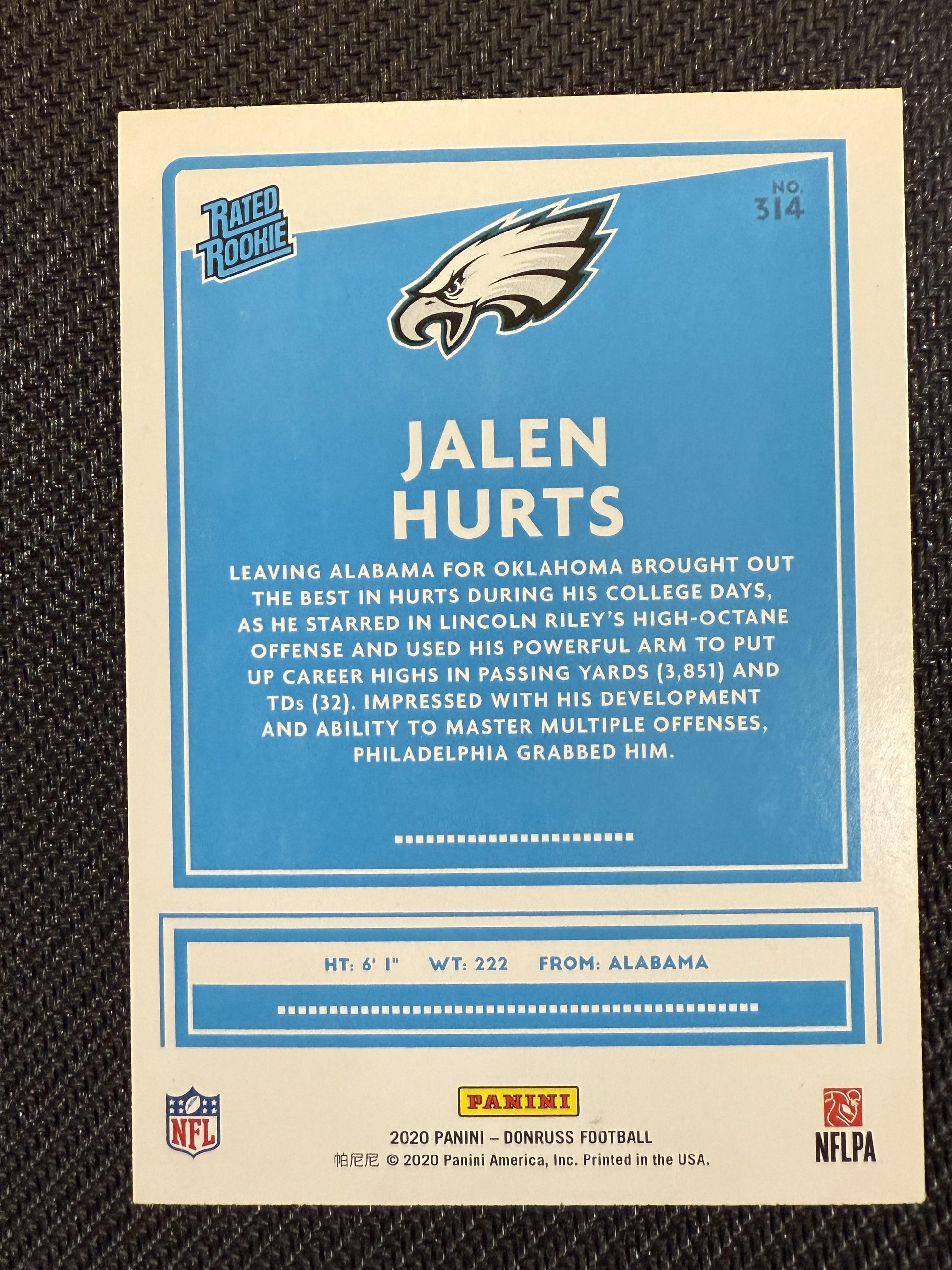 #314 Jalen Hurts 2020 Donruss RC Rookie Philadelphia Eagles sports