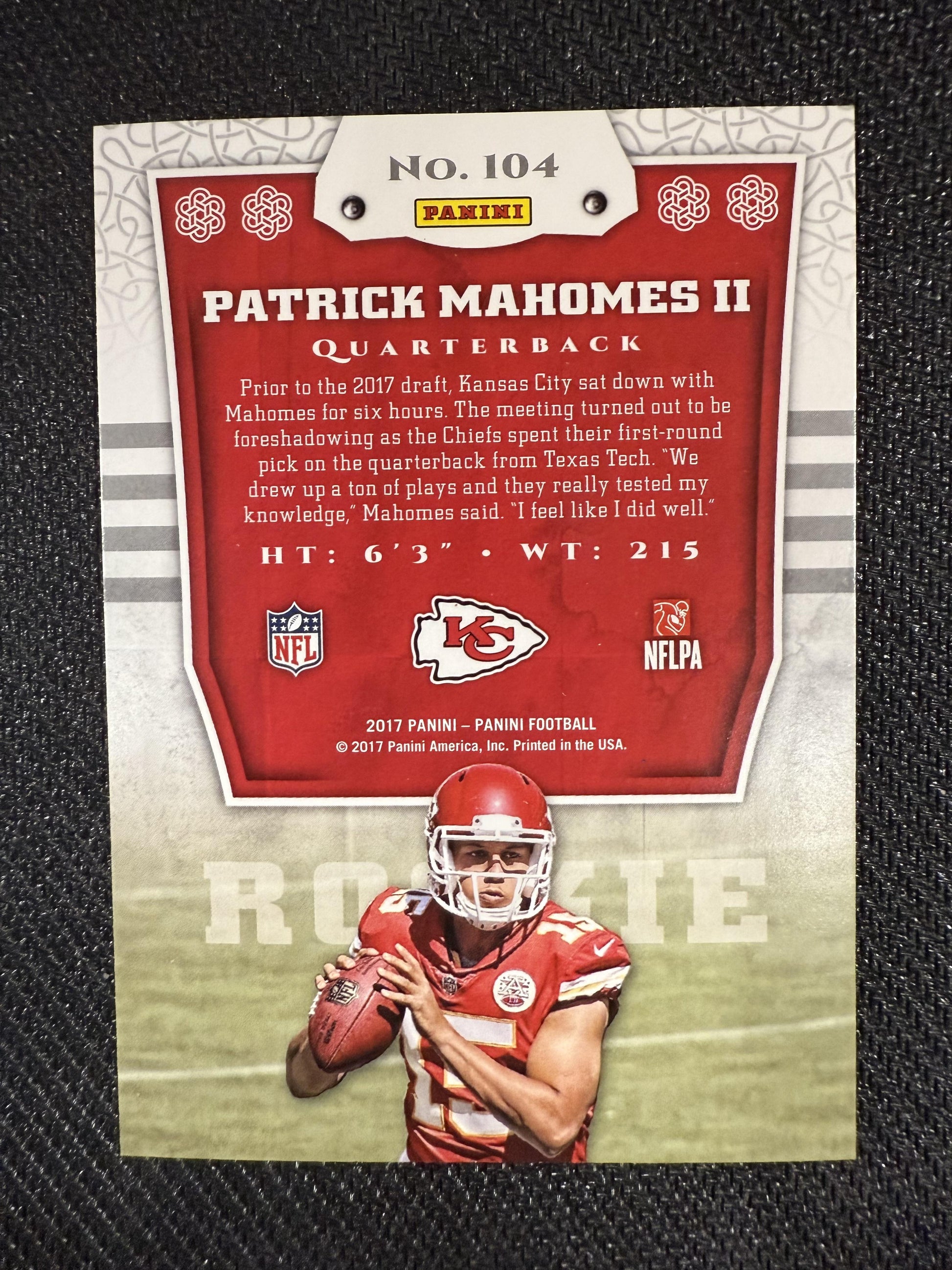 #104 Patrick Mahomes II 2017 Panini RC Rookie Kansas City Chiefs sports