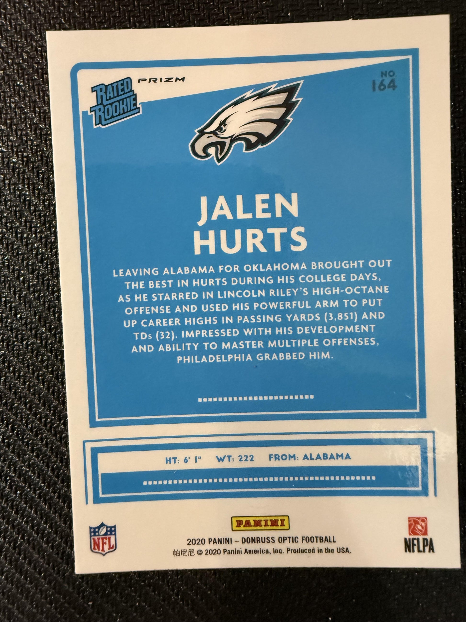 #164 Jalen Hurts 2020 Donruss Optic RC Rookie Philadelphia Eagles sports Bronze