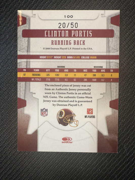#100 Clinton Portis 2008 Leaf Limited SN,MEM #/50 Redskins Threads Prime