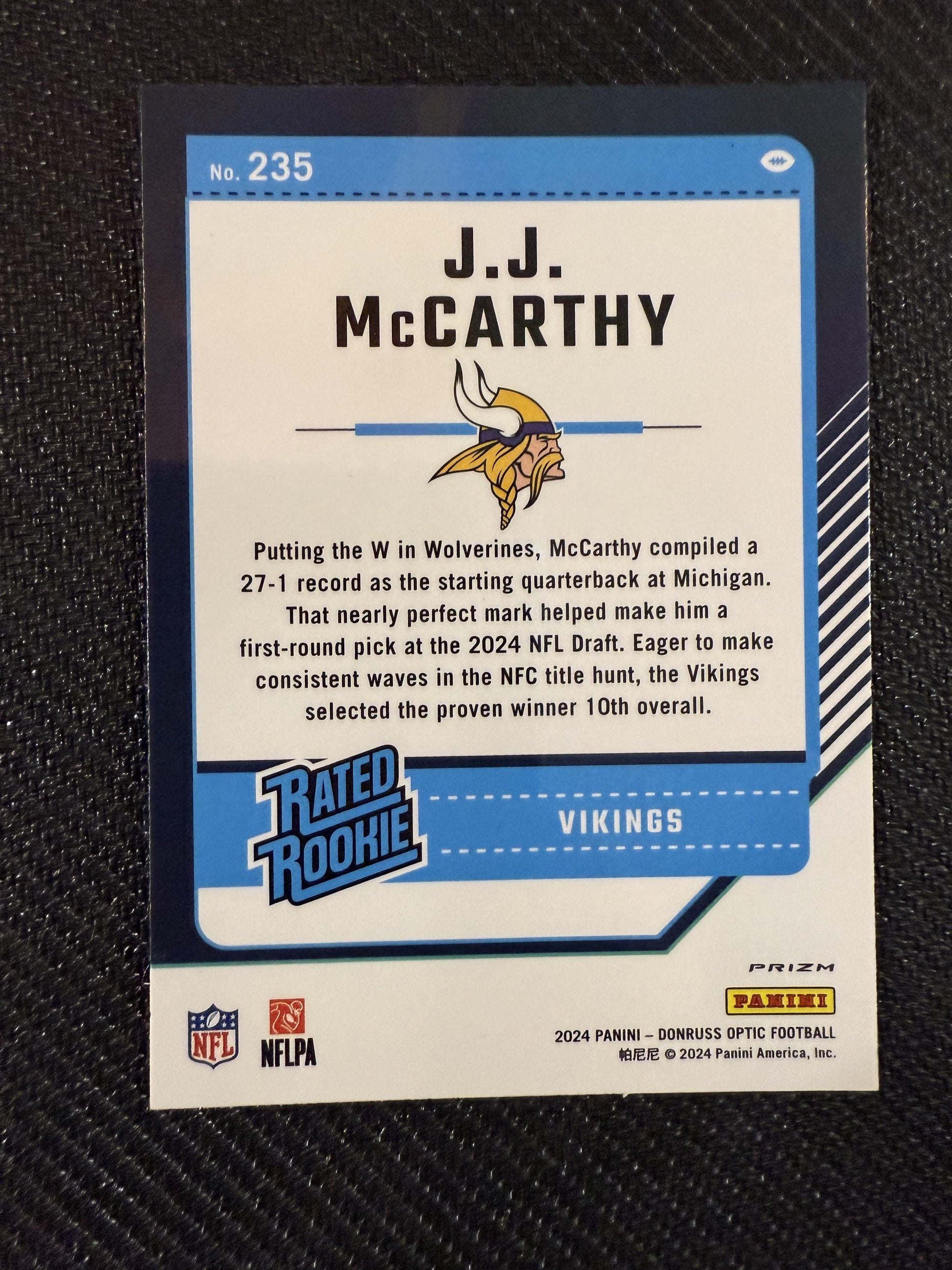 #235 J.J. McCarthy 2024 Donruss Optic Minnesota Vikings sports Purple Shock