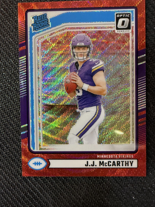 #303 J.J. McCarthy 2024 Donruss RC Rookie 0 Minnesota Vikings Optic Red Wave