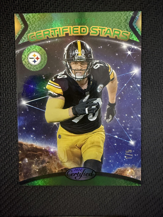 #19 T.J. Watt 2024 Panini Certified SN #/5 Steelers Certified Stars Mirror Green