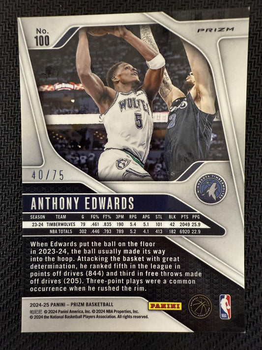 #100 Anthony Edwards 2024-25 Panini Prizm SN #/75 Timberwolves Red Pulsar