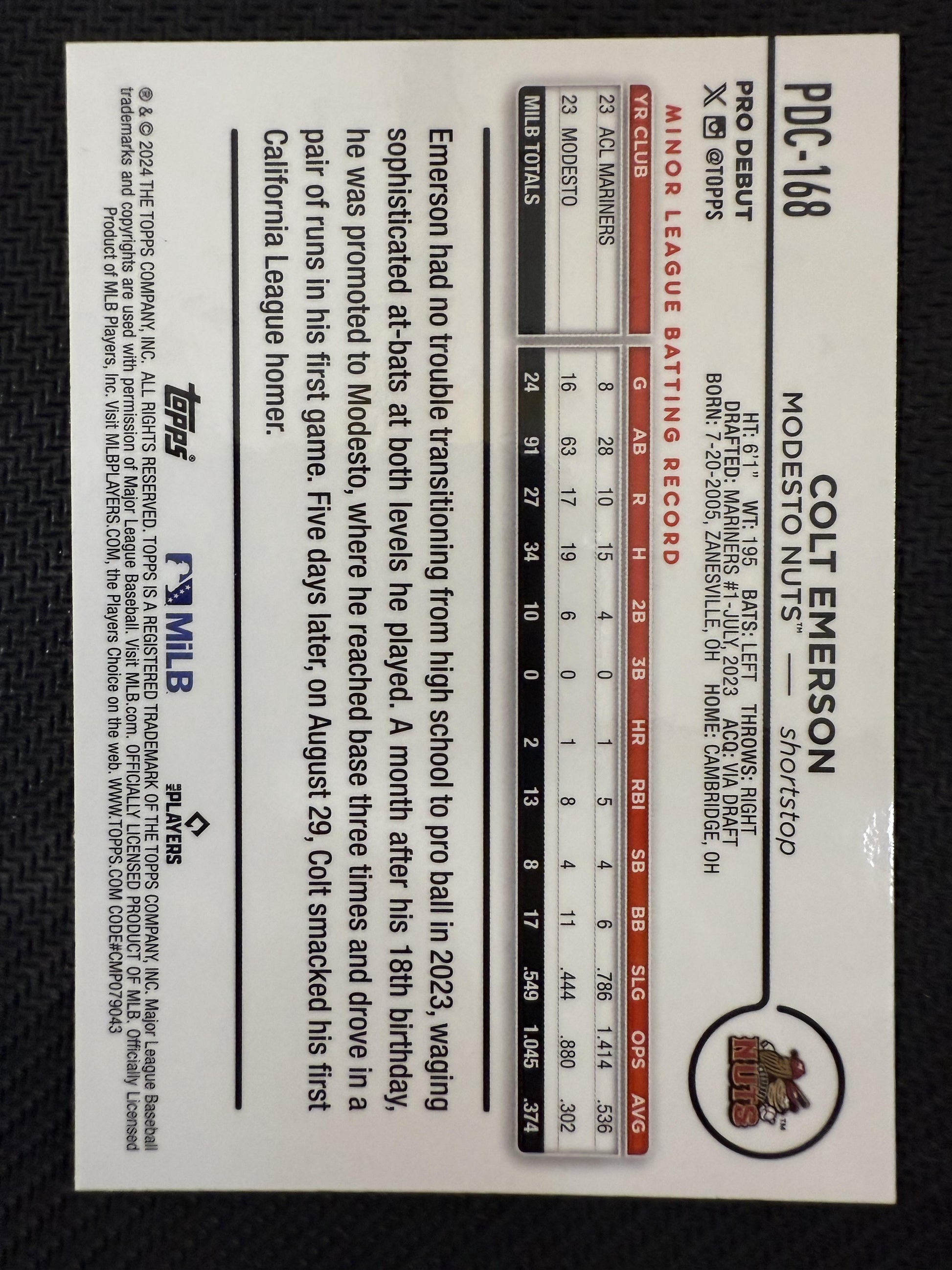 #PDC-168 Colt Emerson 2024 Topps Pro Debut SN #/99 Modesto Nuts Chrome Refractor