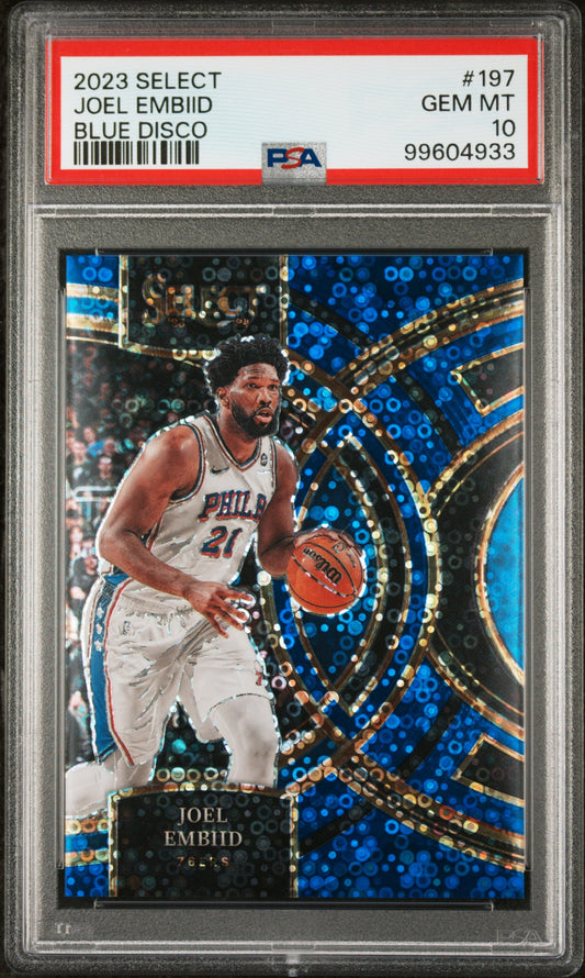 #197 Joel Embiid 2023-24 Panini Select SN #/25 10 Philadelphia 76ers Blue Disco