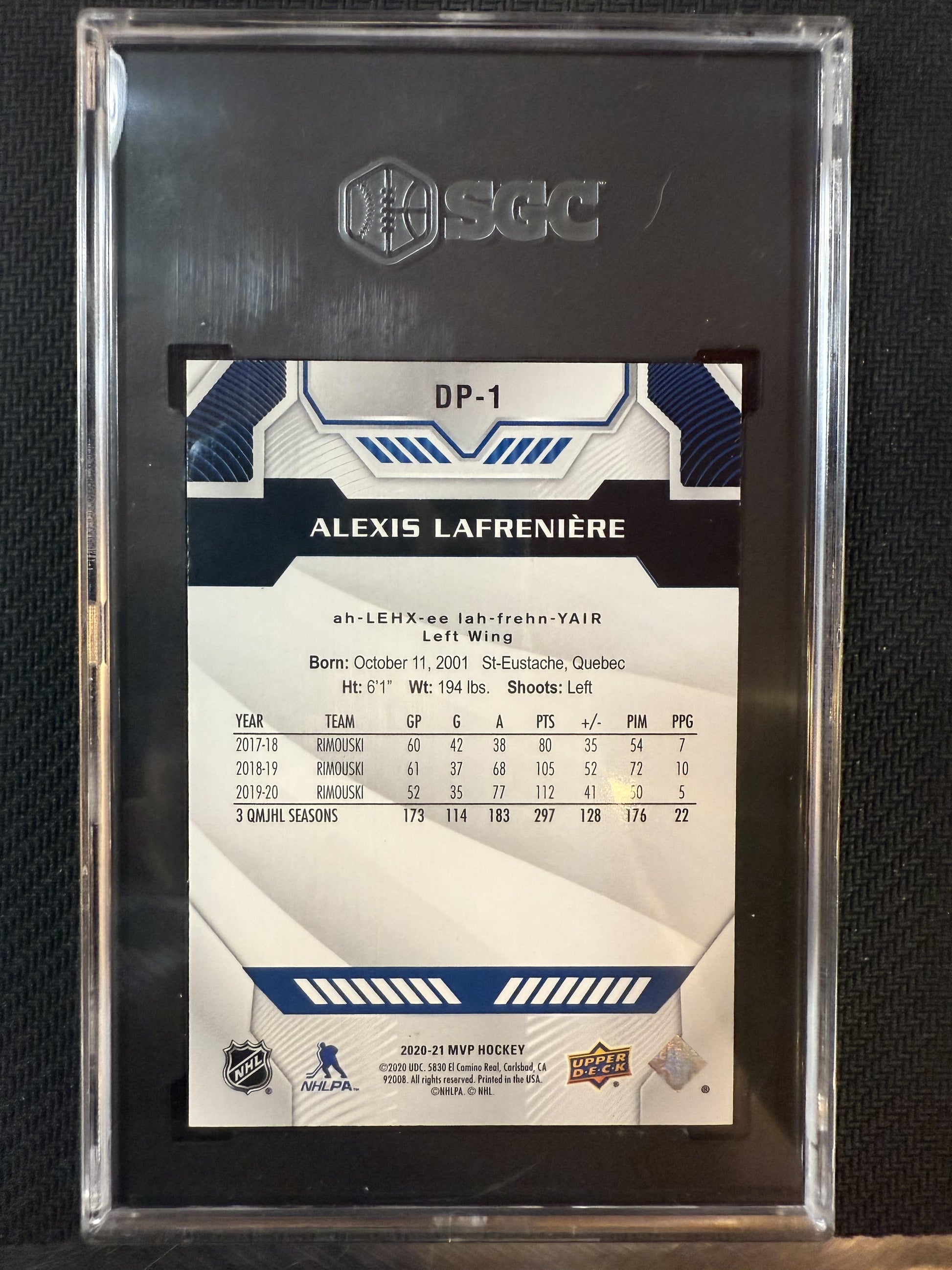 Alexis Lafreniere 2020-21 UD MVP SN Draft Pick #1 Blue Script Achievement