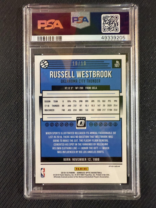 #107 Russell Westbrook 2018-19 Donruss Optic SN #/10 9 Thunder Gold