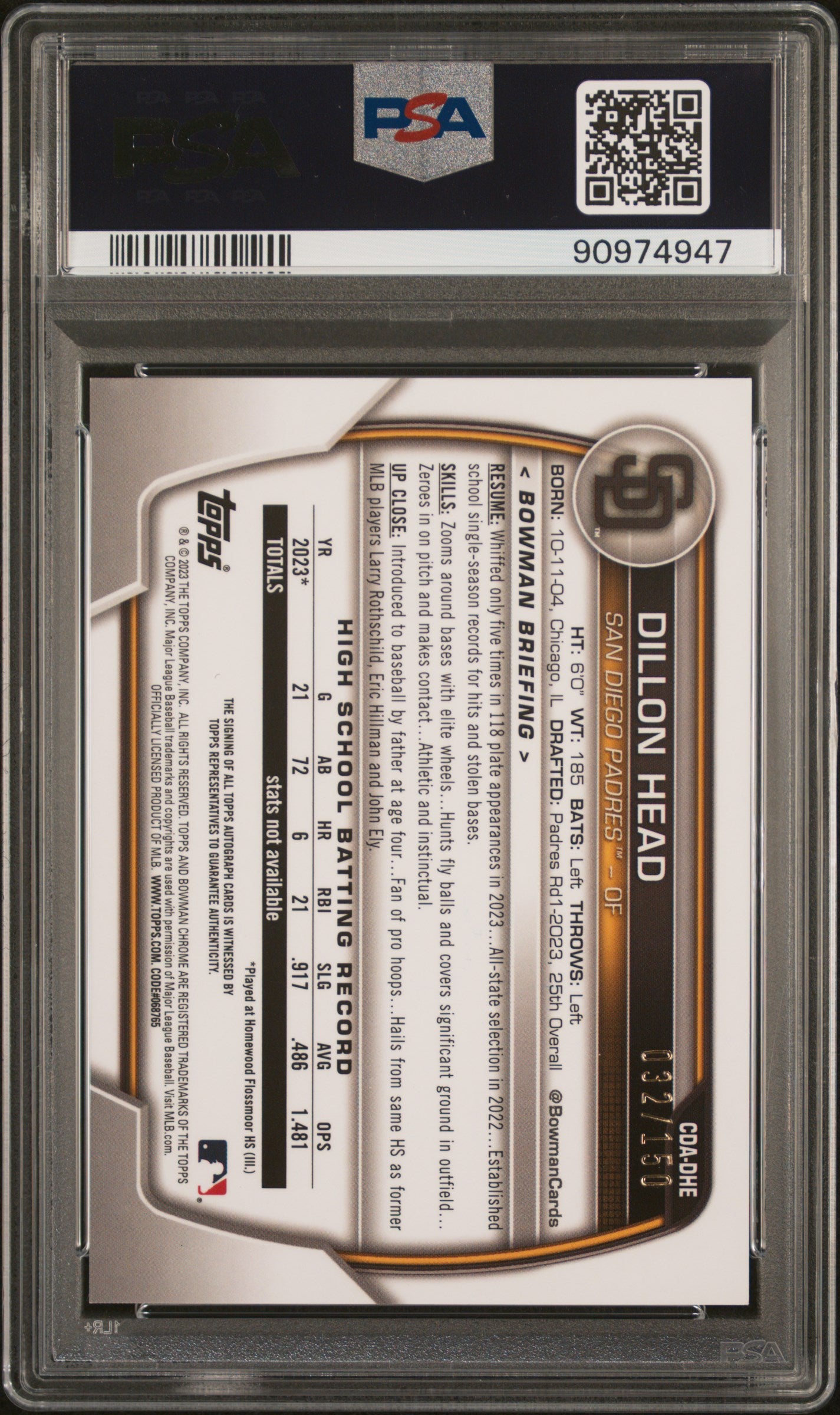 #CDA-DHE Dillon Head 2023 Bowman Draft Auto /150 10 Prospect Auto Blue Wave