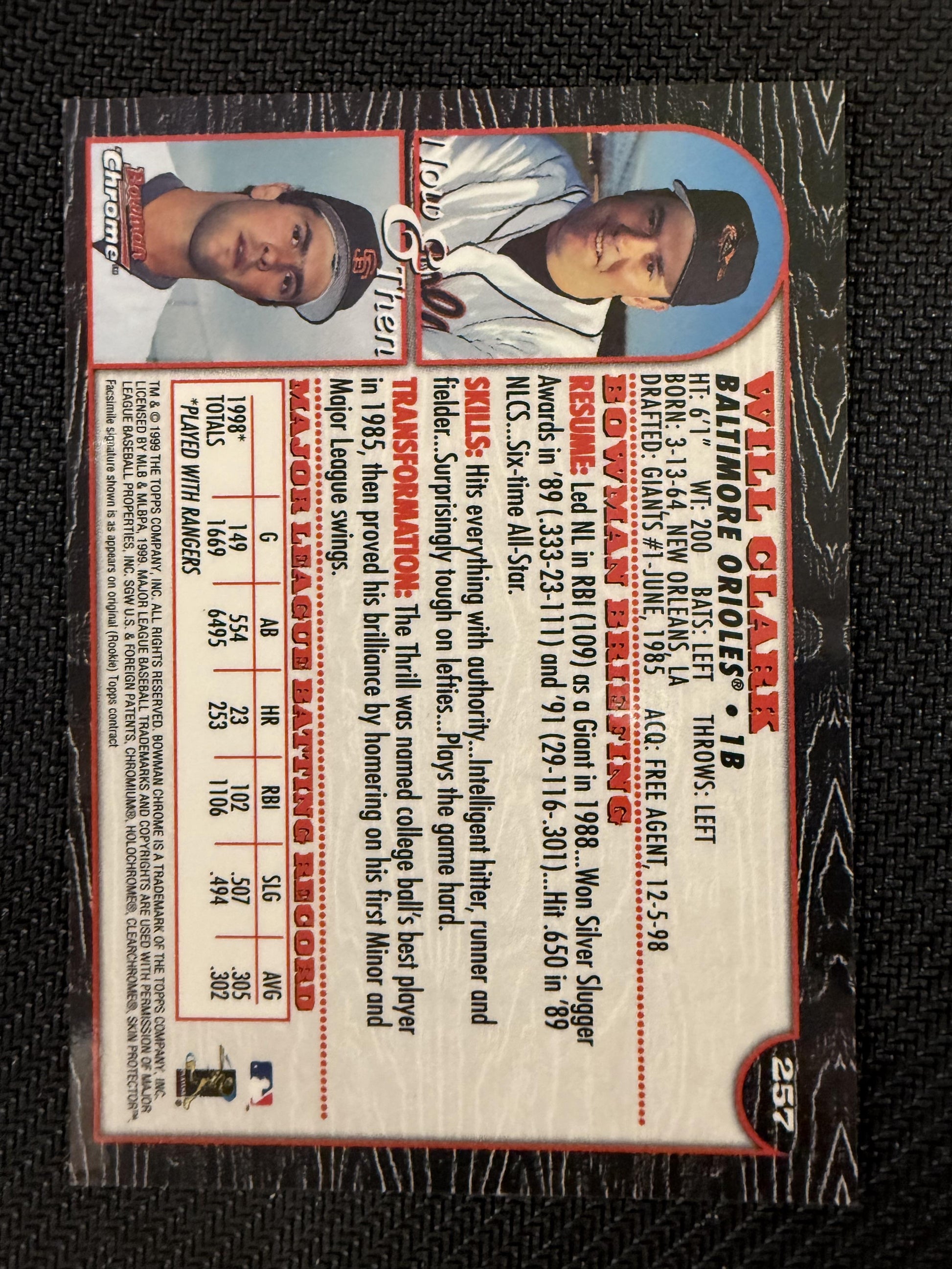 #257 Will Clark 1999 Bowman Chrome Baltimore Orioles sports Gold