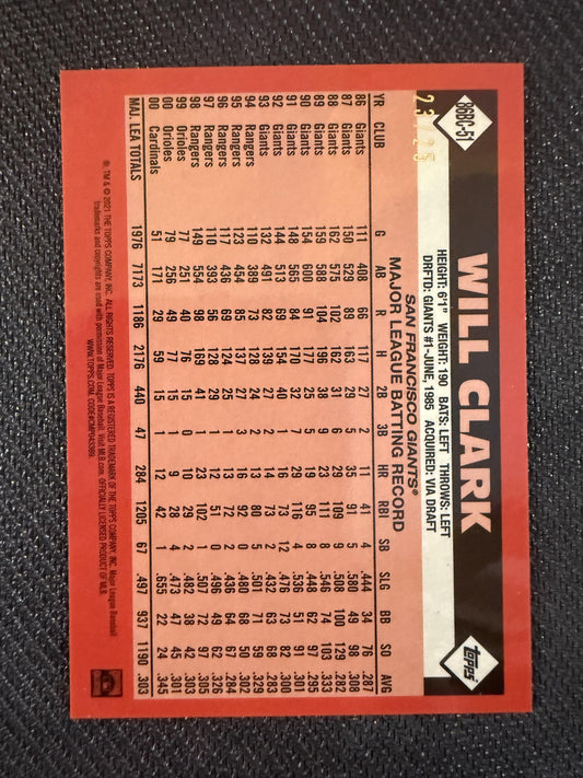 #86BC-51 Will Clark 2021 Topps SN #/25 San Francisco Giants 1986 35th Orange