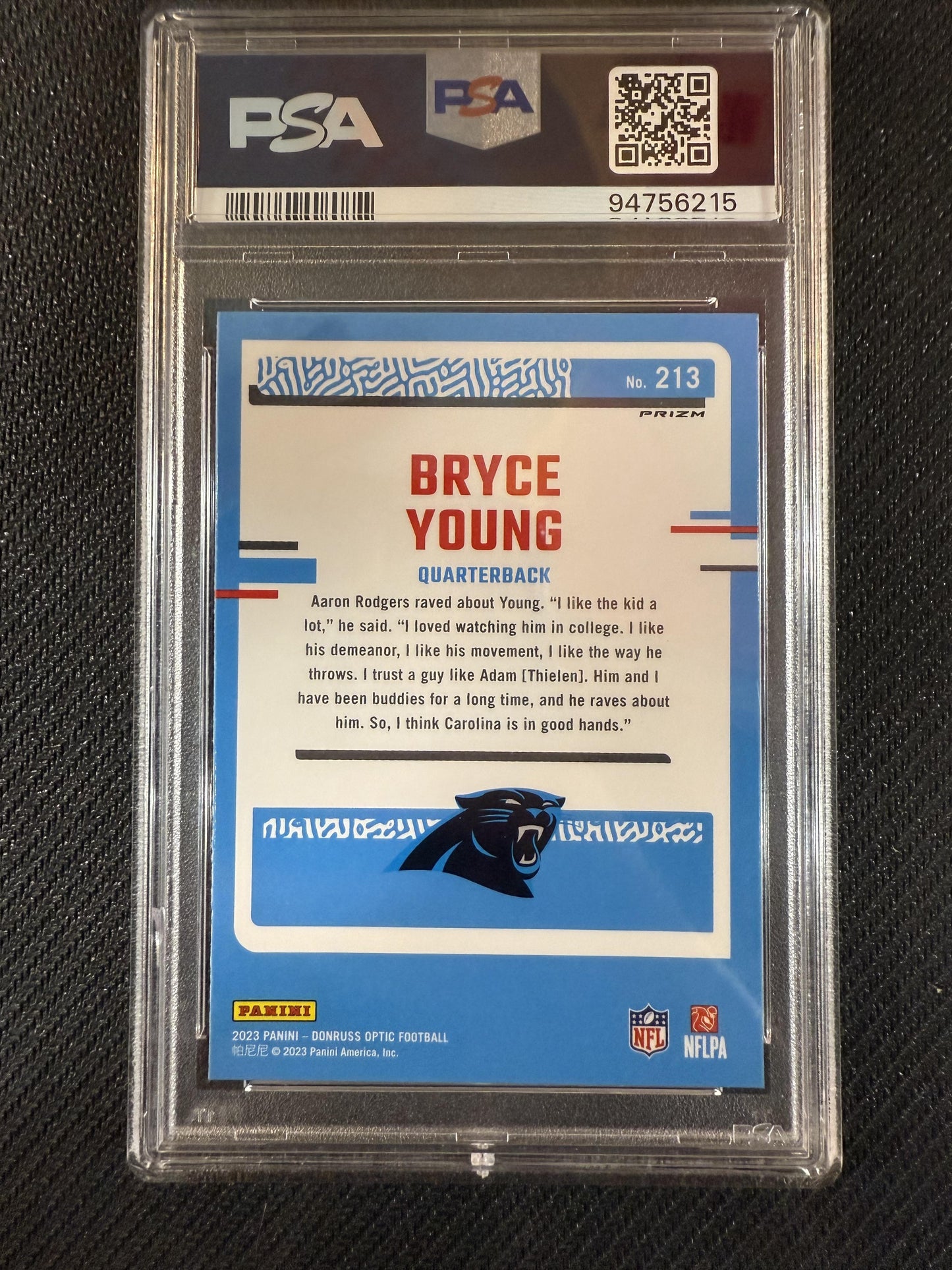 #213 Bryce Young 2023 Donruss Optic RC Rookie Carolina Panthers sports Holo