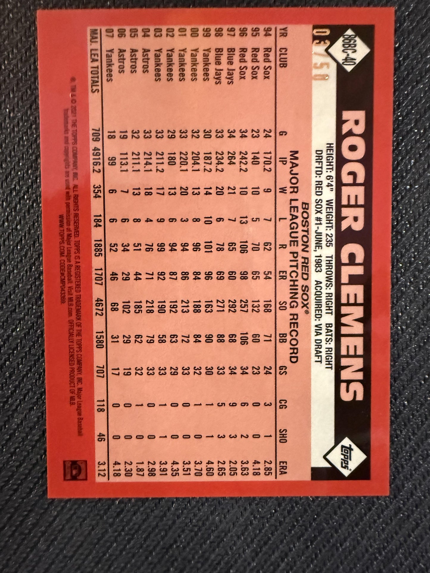 #86BC-40 Roger Clemens 2021 Topps SN #/50 Red Sox 1986 35th Anniversary Gold