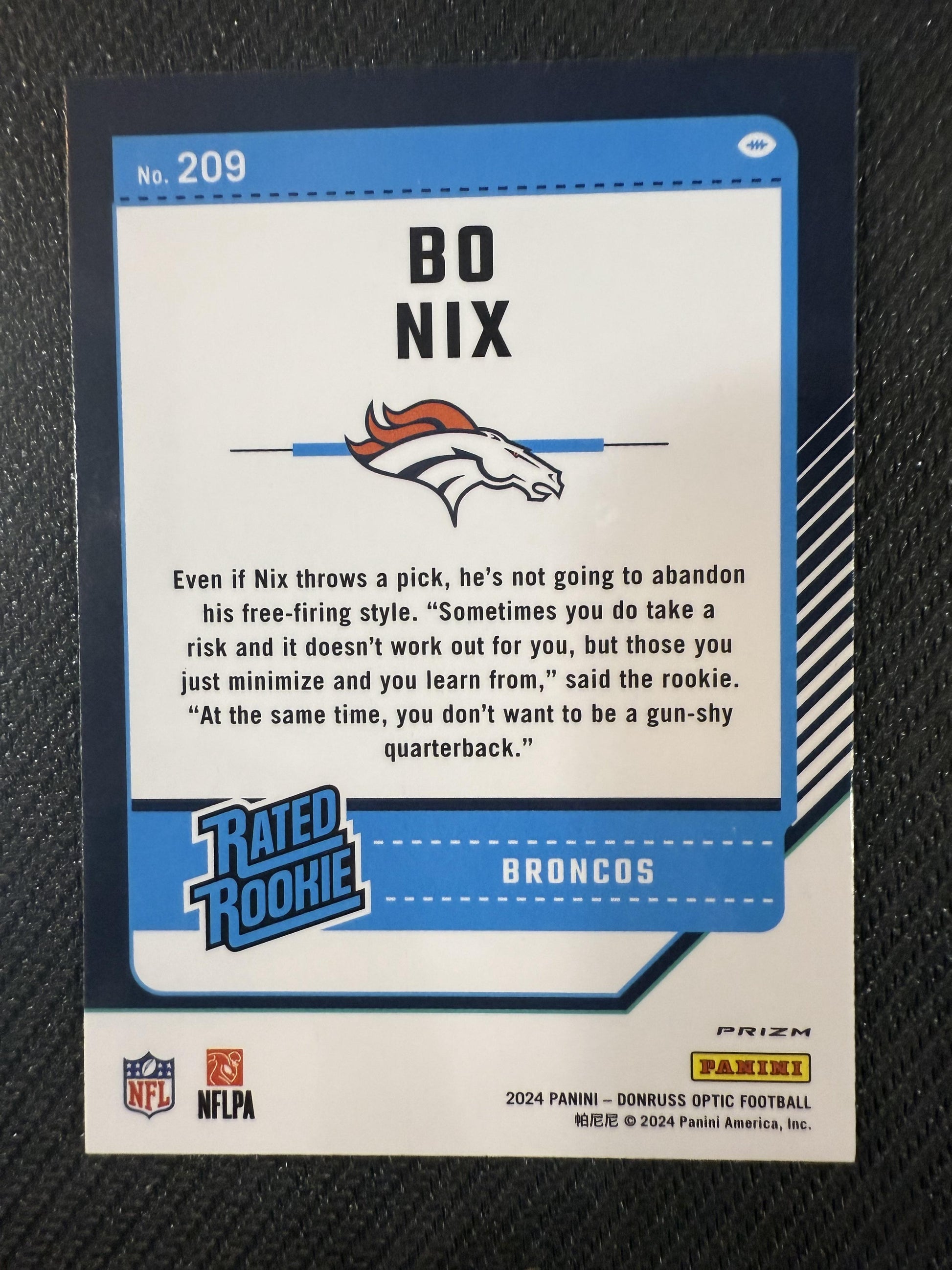 #209 Bo Nix 2024 Donruss Optic Denver Broncos sports Holo