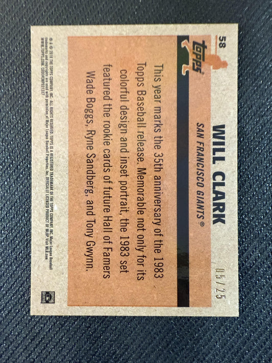 #58 Will Clark 2018 Topps SN #/25 Giants Silver Pack Orange Refractor