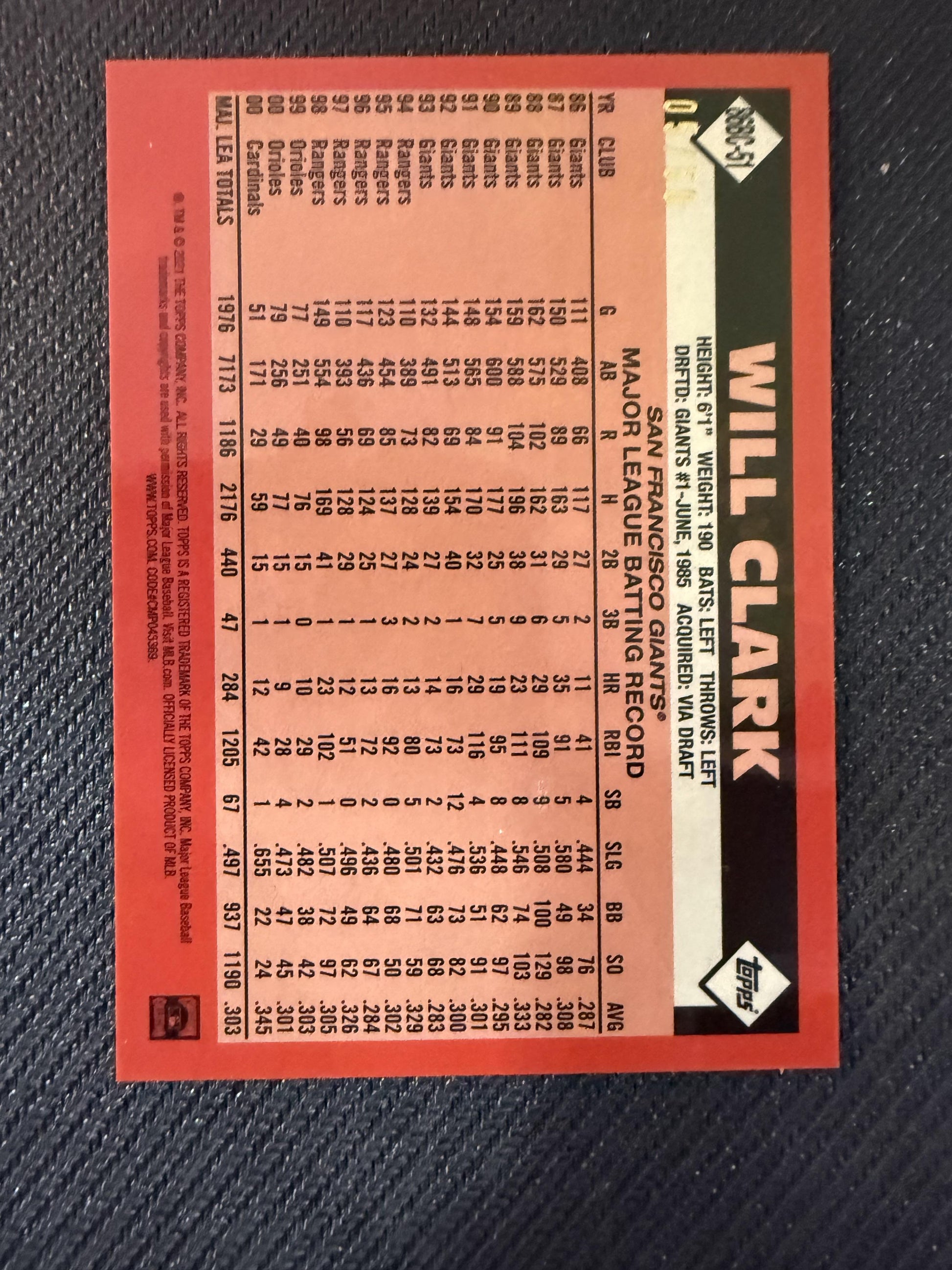 #86BC-51 Will Clark 2021 Topps SN #/75 Giants 1986 35th Chrome Purple