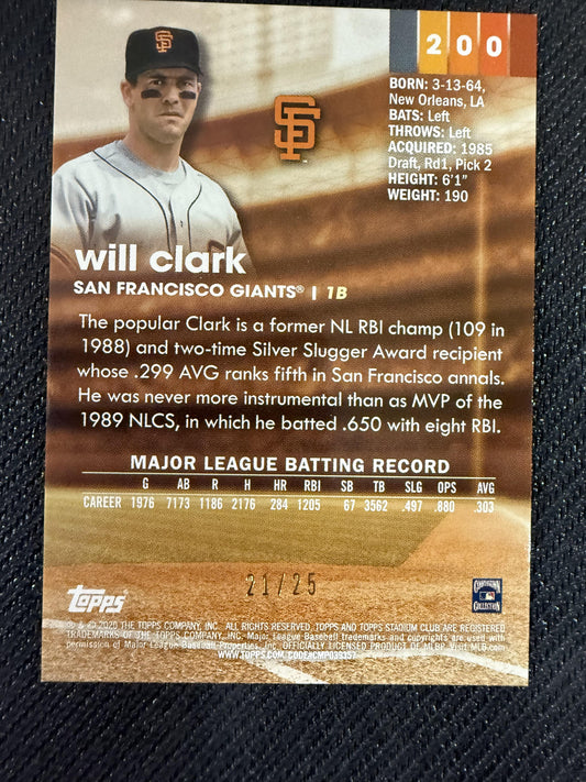 #200 Will Clark 2020 Stadium Club Chrome SN #/25 San Francisco Giants Orange