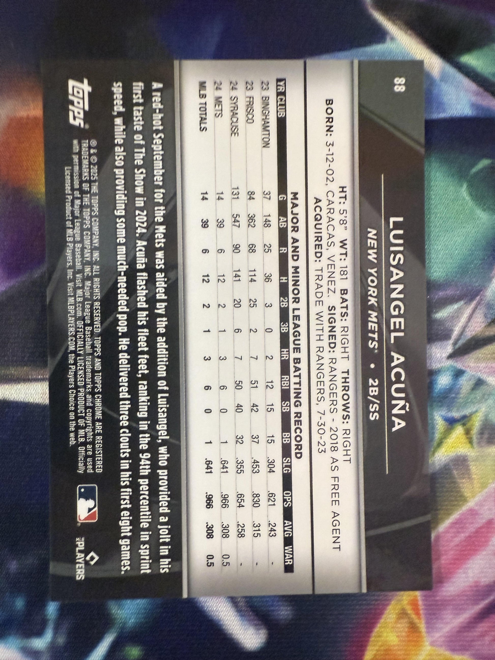 #88 Luisangel Acuña 2025 Topps Chrome Black /75 Rookie Design Purple Refractor