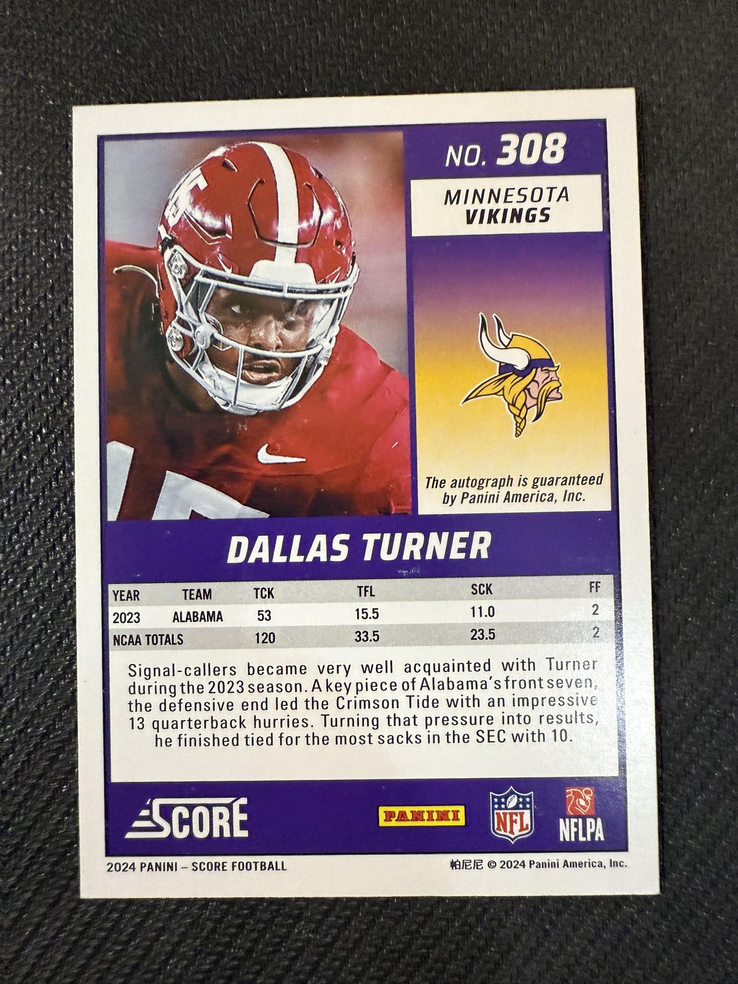 #308 Dallas Turner 2024 Score Auto /35 Vikings Signatures Artist's Proof