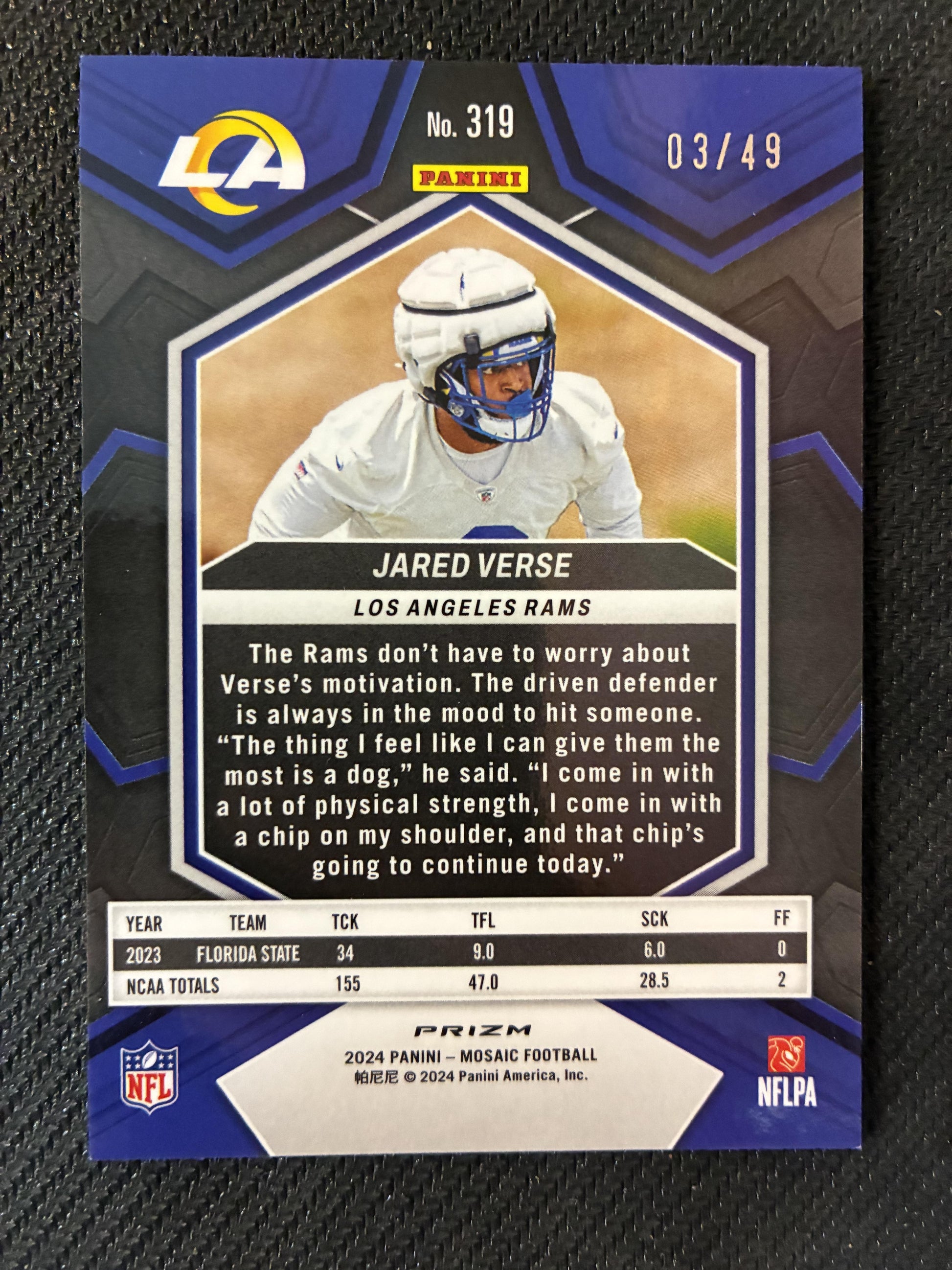 #319 Jared Verse 2024 Panini Mosaic SN #/49 Los Angeles Rams Purple