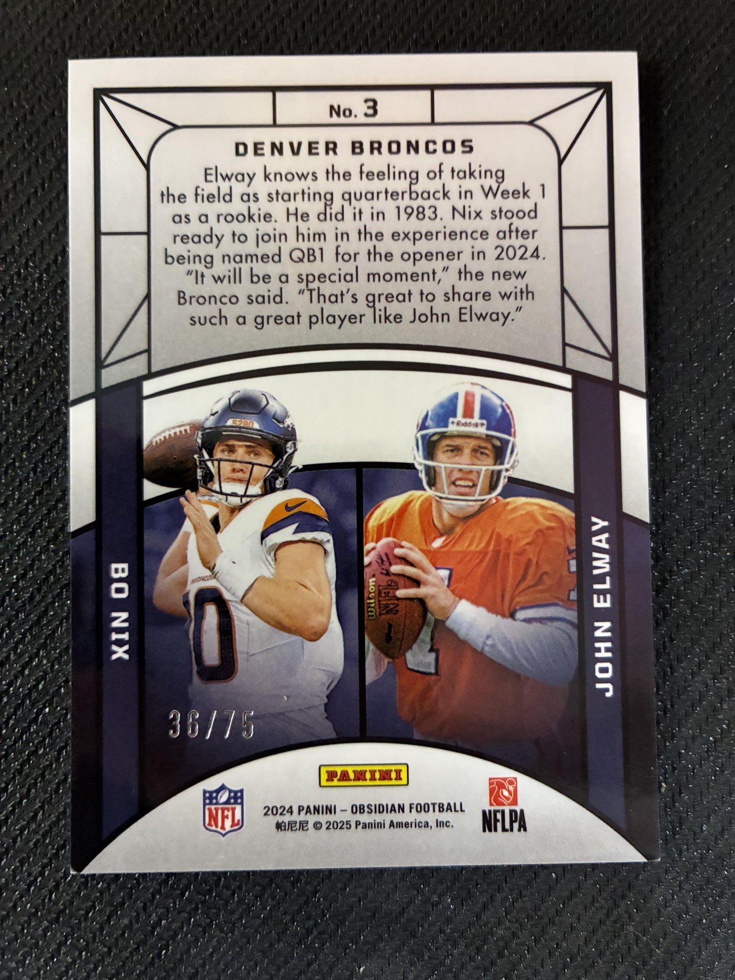 #3 Bo Nix / John Elway 2024 Panini Obsidian Denver Broncos Eclipsing Legends Red