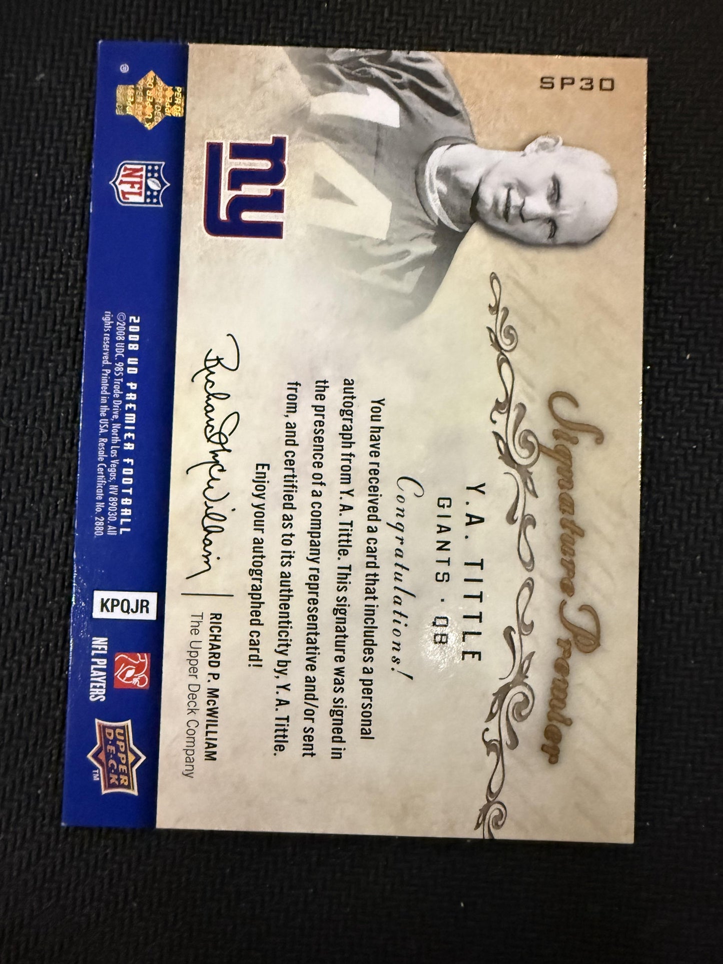 #SP30 Y.A. Tittle 2008 Upper Deck Premier SN,AU Auto #/65 Giants Signatures Gold