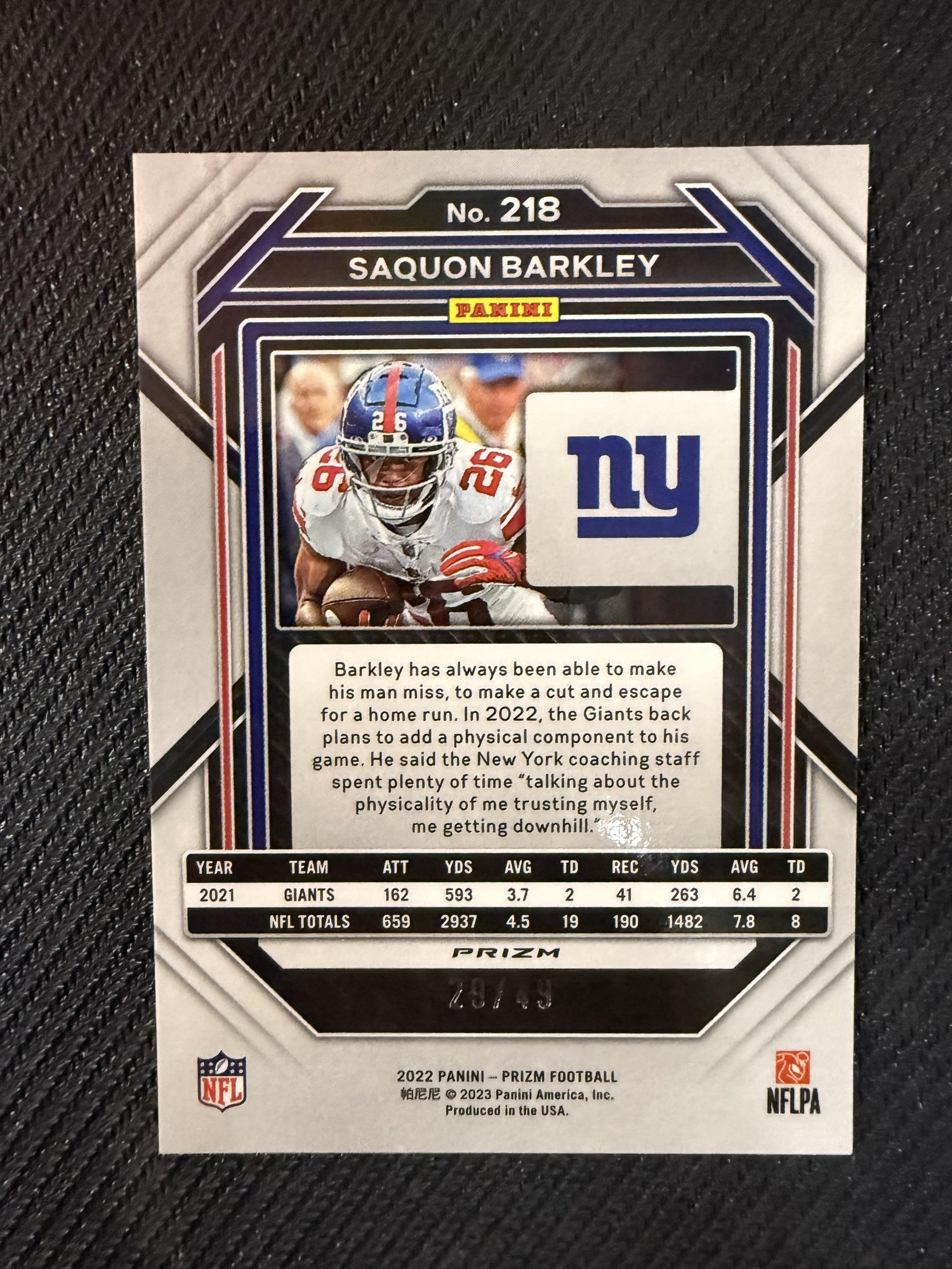 #218 Saquon Barkley 2022 Panini Prizm SN #/49 New York Giants Purple Power