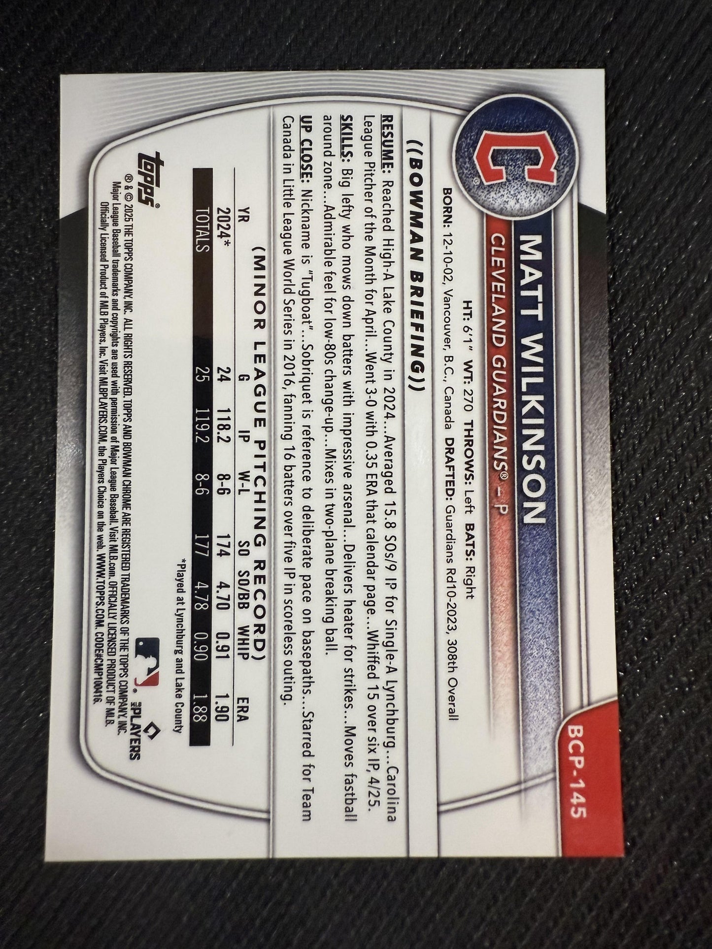 #BCP-145 Matt Wilkinson 2025 Bowman /25 Guardians Prospects Reptilian Orange