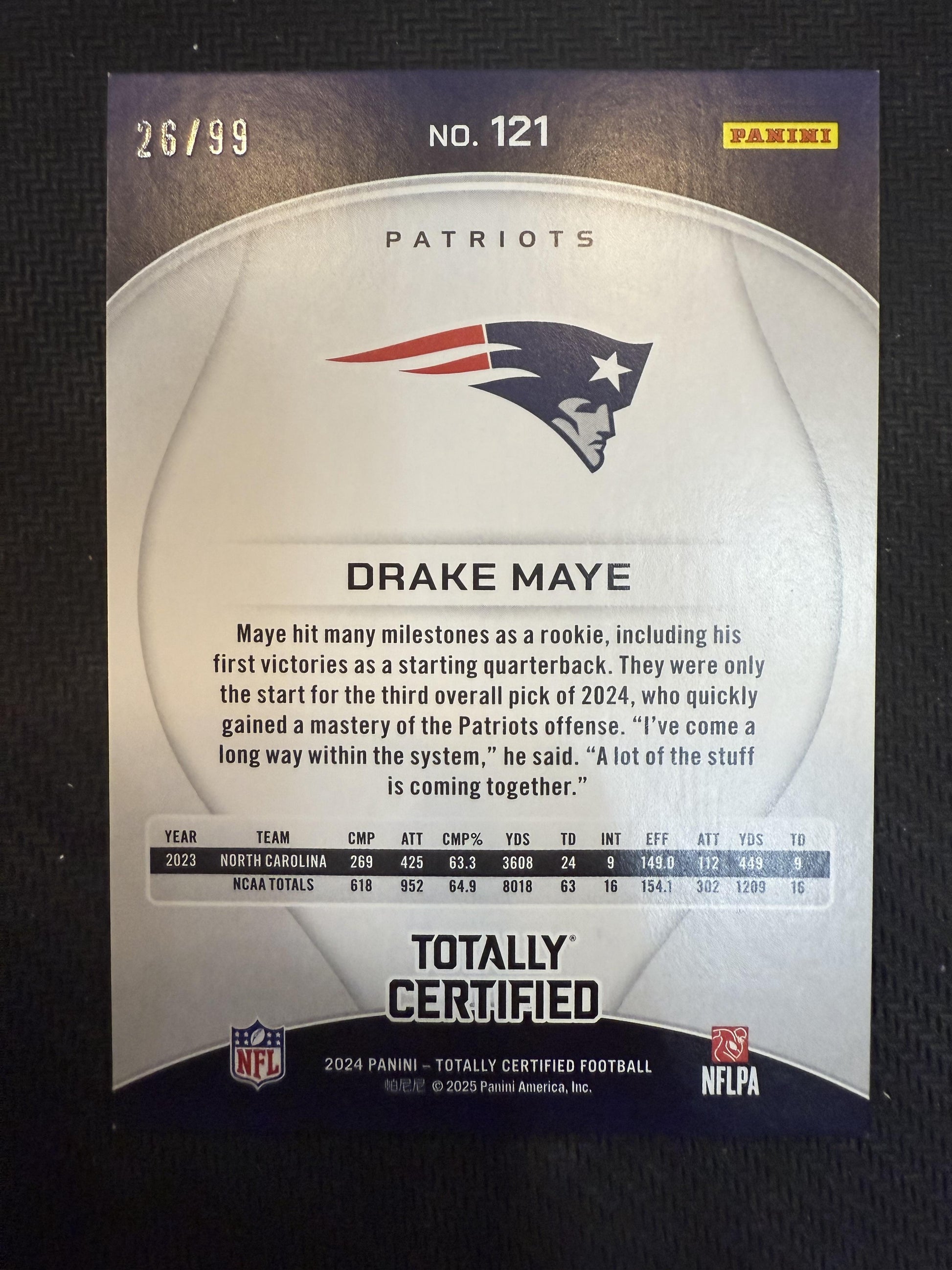 #121 Drake Maye 2024 Panini Totally Certified Patriots Mirror Platinum Orange