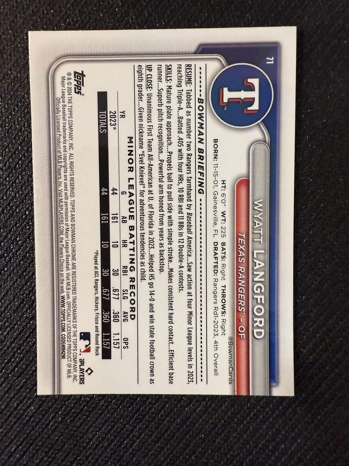 #71 Wyatt Langford 2024 Bowman Chrome SN,RC Rookie Rangers Green Mojo Refractors