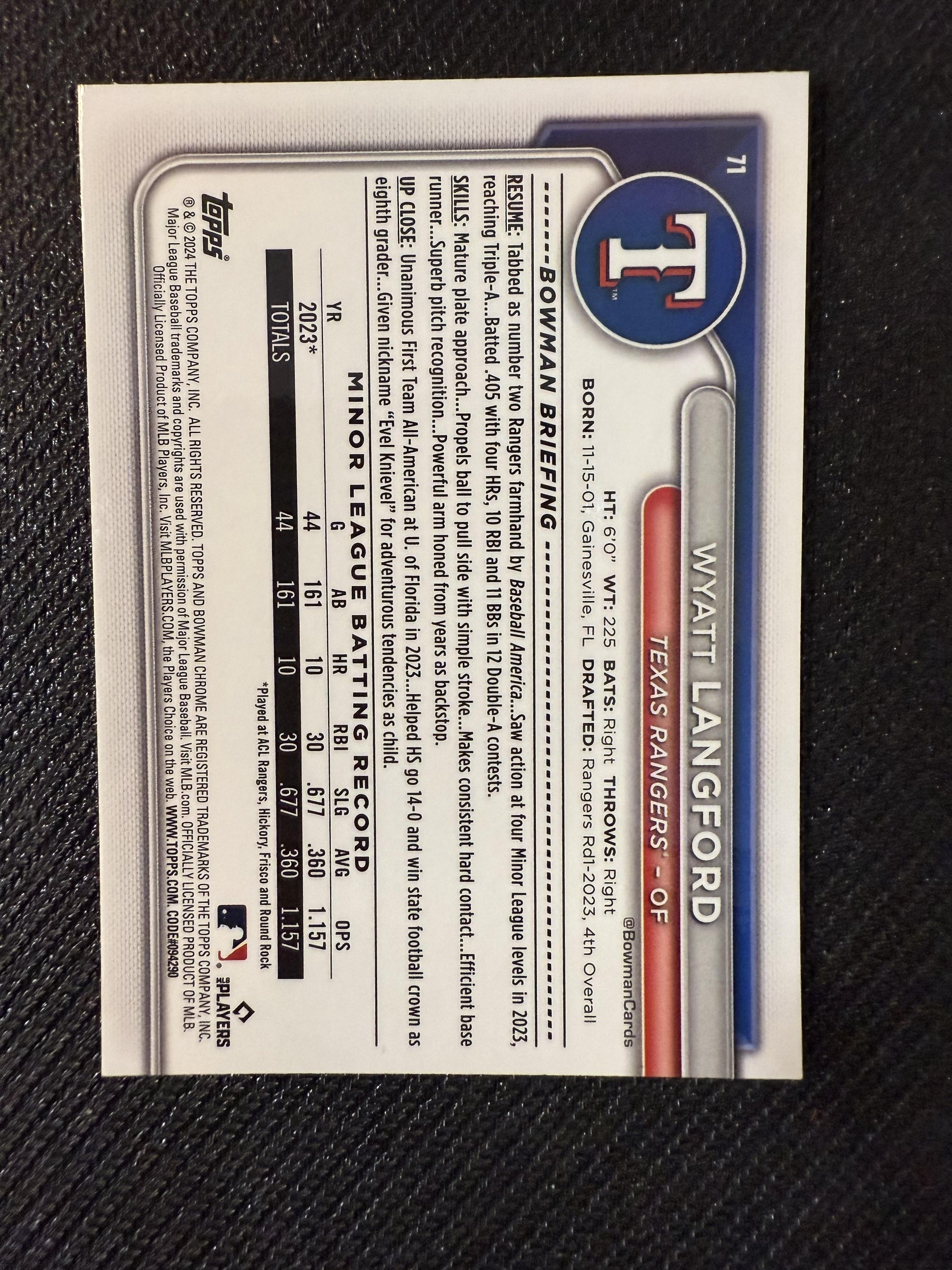 #71 Wyatt Langford 2024 Bowman Chrome SN,RC Rookie Rangers Green Mojo Refractors