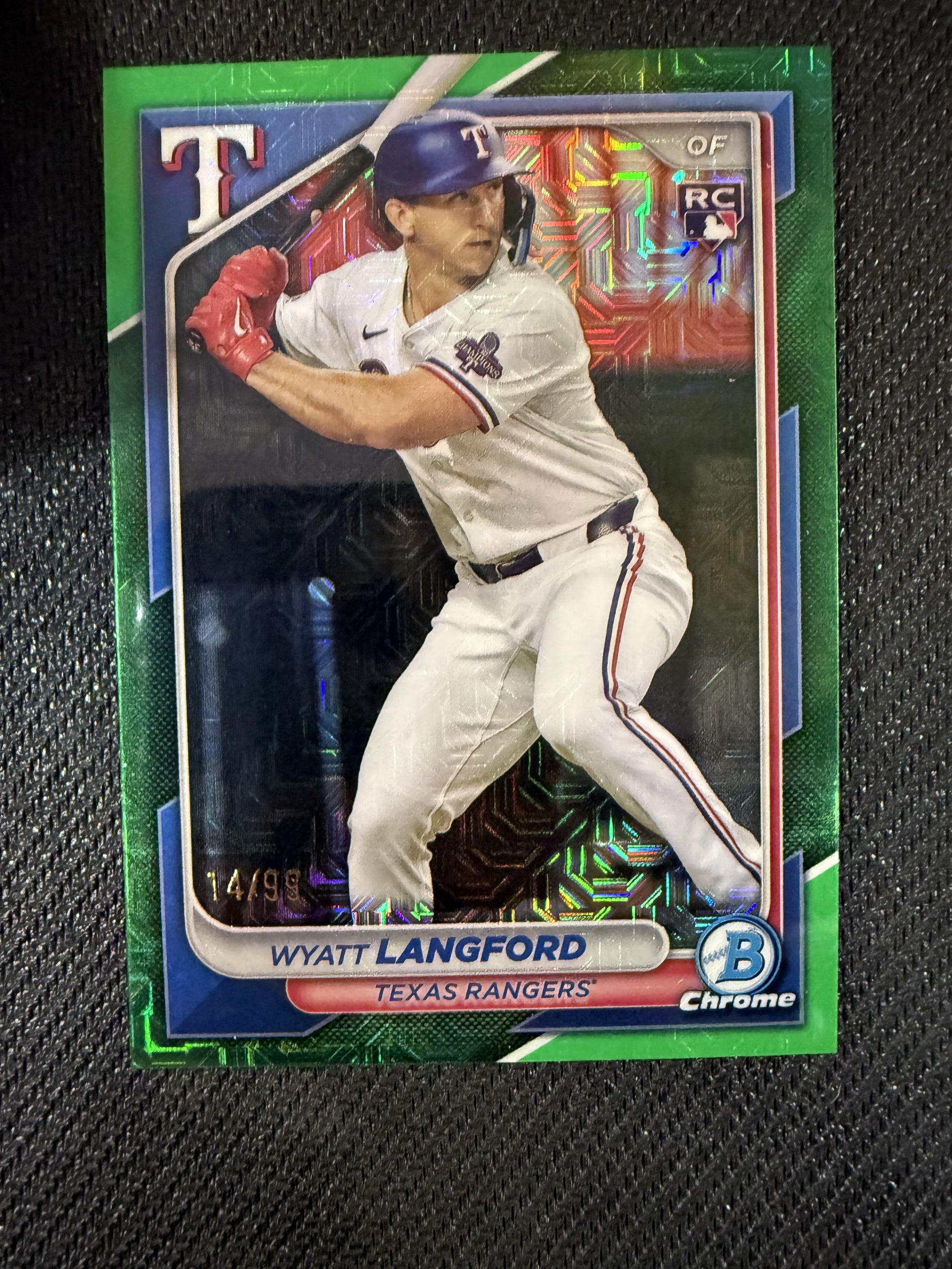#71 Wyatt Langford 2024 Bowman Chrome SN,RC Rookie Rangers Green Mojo Refractors