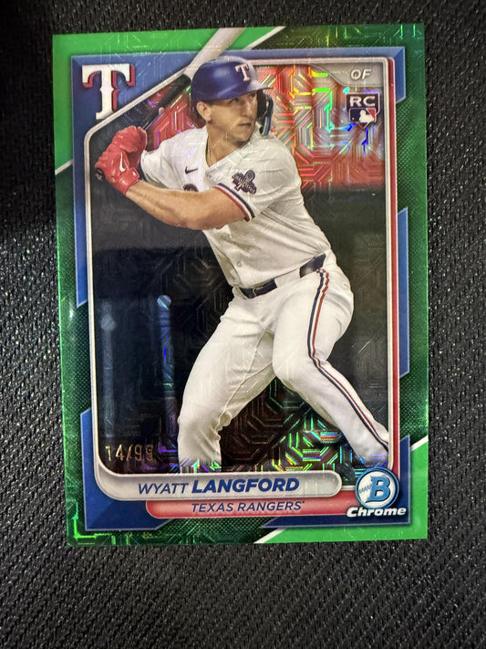 #71 Wyatt Langford 2024 Bowman Chrome SN,RC Rookie Rangers Green Mojo Refractors